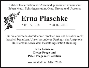 Traueranzeige von Erna Plaschke  von Magdeburger Volksstimme