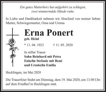 Traueranzeige von Erna Ponert (geb. Heinl)  von Magdeburger Volksstimme