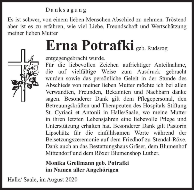  Traueranzeige für Erna Potrafki (geb. Rudsrog)  vom 29.08.2020 aus Magdeburger Volksstimme