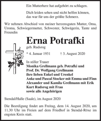 Traueranzeige von Erna Potrafki (geb. Rudsrog)  von Magdeburger Volksstimme