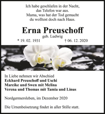 Traueranzeige von Erna Preuschoff (geb. Ludwig)  von Magdeburger Volksstimme