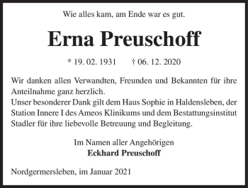 Traueranzeige von Erna Preushoff  von Magdeburger Volksstimme