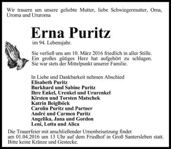 Traueranzeige von Erna Puritz  von Magdeburger Volksstimme