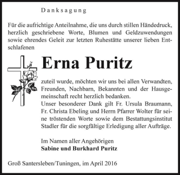 Traueranzeige von Erna Puritz  von Magdeburger Volksstimme