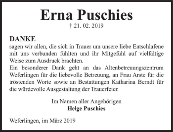 Traueranzeige von Erna Puschies  von Magdeburger Volksstimme