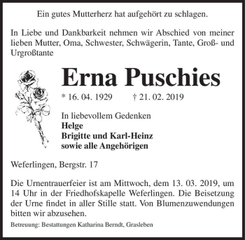 Traueranzeige von Erna Puschies  von Magdeburger Volksstimme