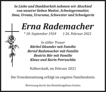 Traueranzeige von Erna Rademacher  von Magdeburger Volksstimme
