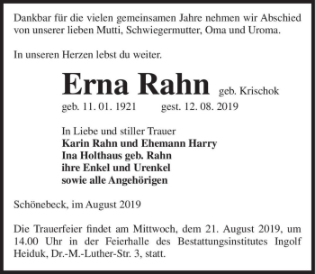 Traueranzeige von Erna Rahn (geb. Krischok)  von Magdeburger Volksstimme