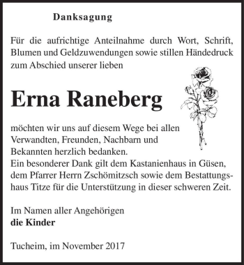 Traueranzeige von Erna Raneberg  von Magdeburger Volksstimme