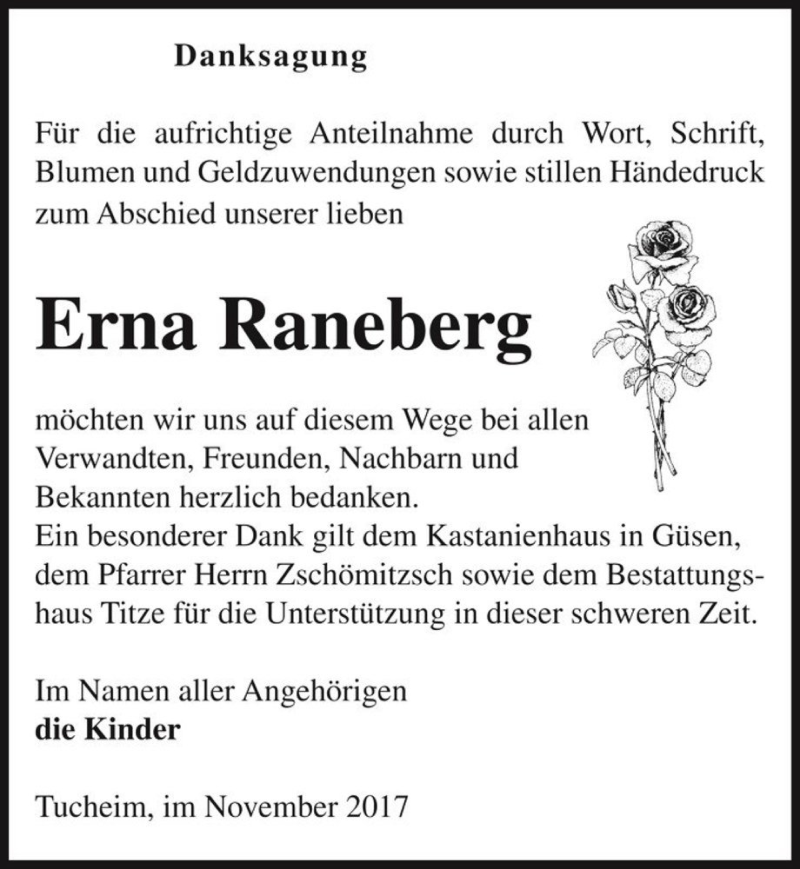  Traueranzeige für Erna Raneberg  vom 25.11.2017 aus Magdeburger Volksstimme