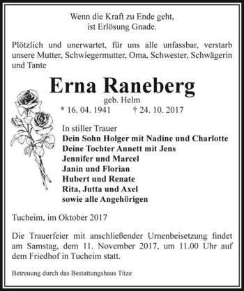 Traueranzeige von Erna Raneberg (geb. Helm)  von Magdeburger Volksstimme