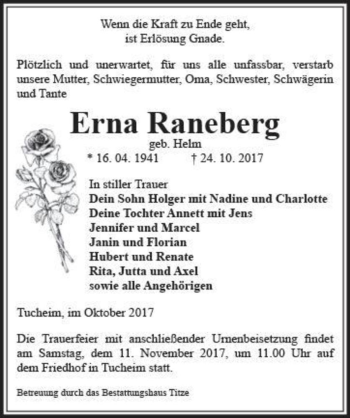 Traueranzeige von Erna Raneberg (geb. Helm)  von Magdeburger Volksstimme