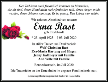 Traueranzeige von Erna Rast (geb. Burkhardt)  von Magdeburger Volksstimme