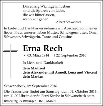 Traueranzeige von Erna Rech  von Magdeburger Volksstimme