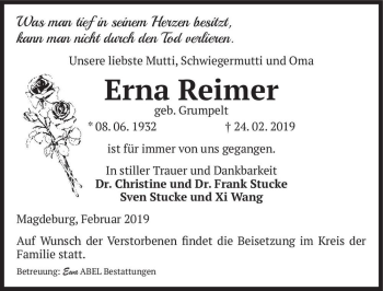 Traueranzeige von Erna Reimer (geb. Grumpelt)  von Magdeburger Volksstimme