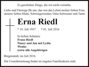 Traueranzeige von Erna Riedl  von Magdeburger Volksstimme