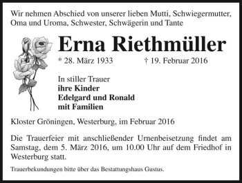 Traueranzeige von Erna Riethmüller  von Magdeburger Volksstimme