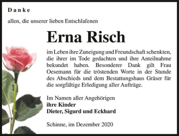 Traueranzeige von Erna Risch  von Magdeburger Volksstimme