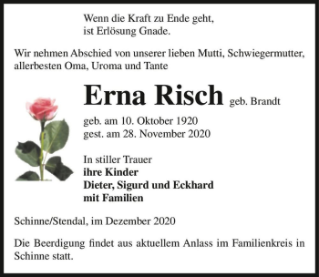 Traueranzeige von Erna Risch (geb. Brandt)  von Magdeburger Volksstimme