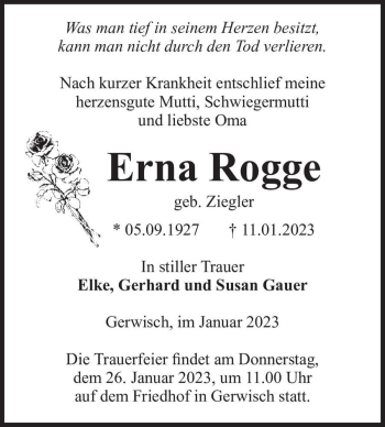 Traueranzeige von Erna Rogge (geb. Ziegler)  von Magdeburger Volksstimme