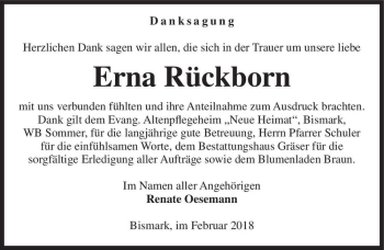 Traueranzeige von Erna Rückborn  von Magdeburger Volksstimme