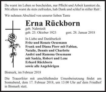 Traueranzeige von Erna Rückborn (geb. Nahrstedt)  von Magdeburger Volksstimme