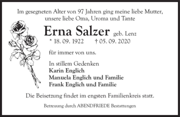 Traueranzeige von Erna Salzer (geb. Lenz)  von Magdeburger Volksstimme