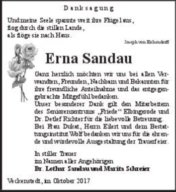Traueranzeige von Erna Sandau  von Magdeburger Volksstimme