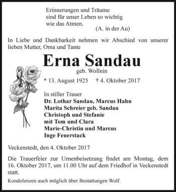 Traueranzeige von Erna Sandau (geb. Wollnin)  von Magdeburger Volksstimme