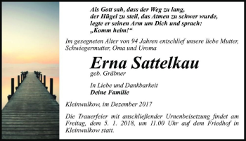 Traueranzeige von Erna Sattelkau (geb. Gräbner)  von Magdeburger Volksstimme