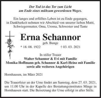 Traueranzeige von Erna Schannor (geb. Bunge)  von Magdeburger Volksstimme