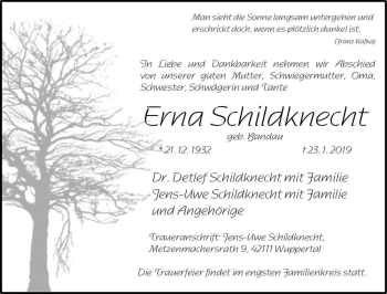 Traueranzeige von Erna Schildknecht (geb. Bandau)  von Magdeburger Volksstimme