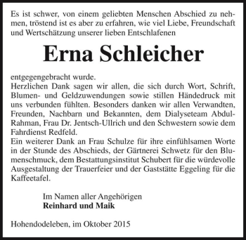 Traueranzeige von Erna Schleicher  von Magdeburger Volksstimme