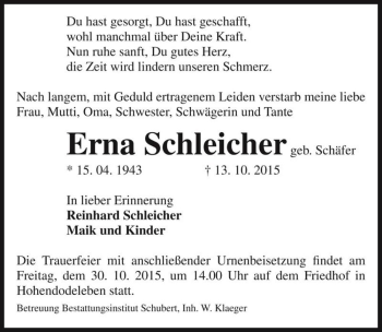 Traueranzeige von Erna Schleicher (geb. Schäfer)  von Magdeburger Volksstimme