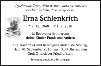 Traueranzeige von Erna Schlenkrich  von Magdeburger Volksstimme