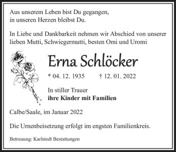Traueranzeige von Erna Schlöcker  von Magdeburger Volksstimme