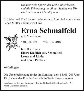 Traueranzeige von Erna Schmalfeld (geb. Mankowski)  von Magdeburger Volksstimme
