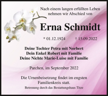 Traueranzeige von Erna Schmidt  von Magdeburger Volksstimme