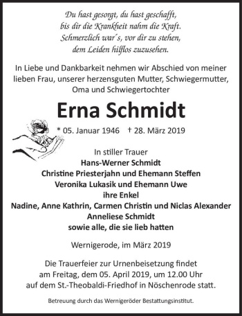 Traueranzeige von Erna Schmidt  von Magdeburger Volksstimme