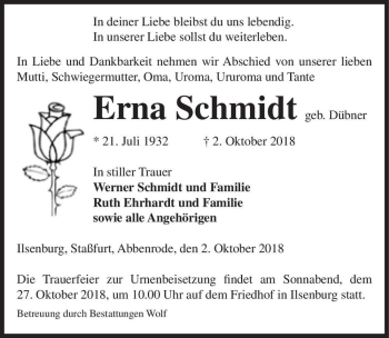 Traueranzeige von Erna Schmidt (geb. Dübner)  von Magdeburger Volksstimme