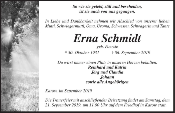 Traueranzeige von Erna Schmidt (geb. Foerste)  von Magdeburger Volksstimme