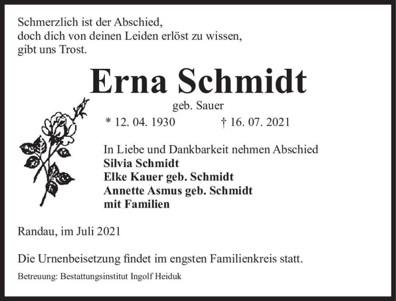  Traueranzeige für Erna Schmidt (geb. Sauer)  vom 24.07.2021 aus Magdeburger Volksstimme