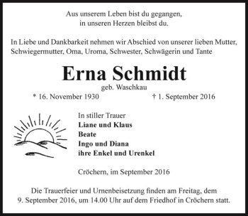 Traueranzeige von Erna Schmidt (geb. Waschkau)  von Magdeburger Volksstimme
