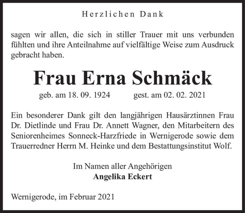  Traueranzeige für Erna Schmäck  vom 06.03.2021 aus Magdeburger Volksstimme