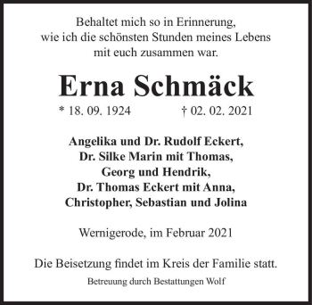 Traueranzeige von Erna Schmäck  von Magdeburger Volksstimme