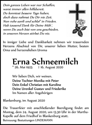 Traueranzeige von Erna Schneemilch  von Magdeburger Volksstimme