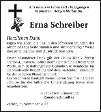 Traueranzeige von Erna Schreiber  von Magdeburger Volksstimme
