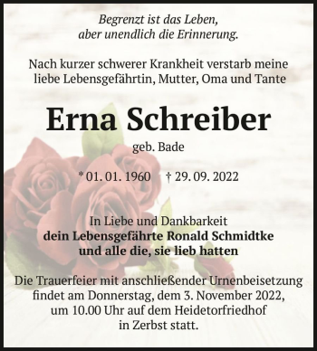 Traueranzeige von Erna Schreiber (geb. Bade)  von Magdeburger Volksstimme