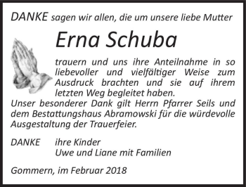 Traueranzeige von Erna Schuba  von Magdeburger Volksstimme