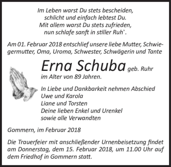 Traueranzeige von Erna Schuba (geb. Ruhr)  von Magdeburger Volksstimme